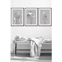 ARTZE Sketch Art Peonies on Grey Framed Wall Art - Medium in Black | Size: W45 cm x H62 cm x D20mm