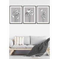 ARTZE Sketch Art Peonies on Grey Framed Wall Art - Large in Black | Size: W53 cm x H73 cm x D20mm