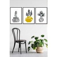 ARTZE Scandi Yellow Grey Cactus Pots Framed Wall Art - Large in Black | Size: W53 cm x H73 cm x D20mm