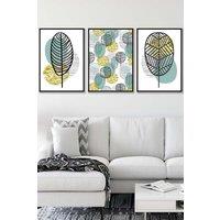 ARTZE Set of 3 Black Framed Mid Century Floral Pattern in Yellow & Blue Wall Art in Duck Egg Blue | Size: W33 cm x H45 cm x D20mm