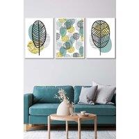 ARTZE Set of 3 White Framed Mid Century Floral Pattern in Yellow & Blue Wall Art in Duck Egg Blue | Size: W33 cm x H45 cm x D20mm