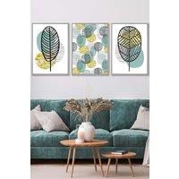 ARTZE Set of 3 Light Grey Framed Mid Century Floral Pattern in Yellow & Blue Wall Art in Duck Egg Blue | Size: W33 cm x H45 cm x D20mm