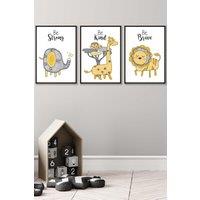 ARTZE Set of 3 Black Framed Scandi Nursery Elephant Animals Quote Yellow Grey Wall Art in Bright Yellow | Size: W53 cm x H73 cm x D20mm