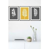 ARTZE Grey Yellow Graphical Leaves Framed Wall Art - Medium in Black | Size: W45 cm x H62 cm x D20mm