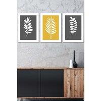 ARTZE Grey Yellow Graphical Leaves Framed Wall Art - Medium in White | Size: W45 cm x H62 cm x D20mm