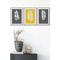 ARTZE Grey Yellow Graphical Leaves Framed Wall Art - Medium in Dark Grey | Size: W45 cm x H62 cm x D20mm