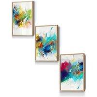 ARTZE Abstract Colourful Pink Blue Yellow Mixed Media Fractal Framed Wall Art - Small in Light Oak | Size: W33 cm x H45 cm x D20mm