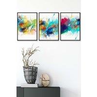 ARTZE Abstract Colourful Pink Blue Yellow Mixed Media Fractal Framed Wall Art - Medium in Black | Size: W45 cm x H62 cm x D20mm