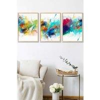 ARTZE Abstract Colourful Pink Blue Yellow Mixed Media Fractal Framed Wall Art - Medium in Light Oak | Size: W45 cm x H62 cm x D20mm