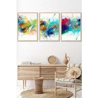 ARTZE Abstract Colourful Pink Blue Yellow Mixed Media Fractal Framed Wall Art - Large in Light Oak | Size: W53 cm x H73 cm x D20mm