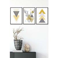 ARTZE Geometric Line Art Yellow Stag Head Triangles Framed Wall Art - Medium in Black | Size: W45 cm x H62 cm x D20mm