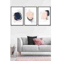 ARTZE Framed Abstract Navy Blue & Blush Pink Framed Wall Art - Large in Black | Size: W53 cm x H73 cm x D20mm