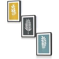 ARTZE Framed Yellow, Grey, Blue Graphical Leaves Framed Wall Art - Small in Black | Size: W33 cm x H45 cm x D20mm