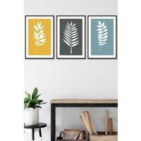 ARTZE Framed Yellow, Grey, Blue Graphical Leaves Framed Wall Art - Medium in Black | Size: W45 cm x H62 cm x D20mm