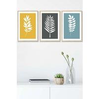 ARTZE Framed Yellow, Grey, Blue Graphical Leaves Framed Wall Art - Medium in Light Oak | Size: W45 cm x H62 cm x D20mm