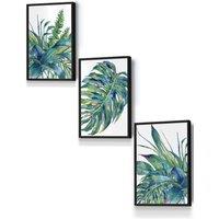 ARTZE Framed Blue Green Watercolour Tropical Leaves Framed Wall Art - Small in Black | Size: W33 cm x H45 cm x D20mm