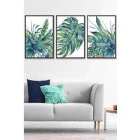 ARTZE Framed Blue Green Watercolour Tropical Leaves Framed Wall Art - Large in Black | Size: W53 cm x H73 cm x D20mm
