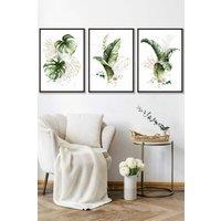 ARTZE Framed Green & Gold Botanical Leaves Framed Wall Art - Large in Black | Size: W53 cm x H73 cm x D20mm