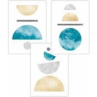 ARTZE Set of 3 Yellow & Aqua Blue Abstract Mid Century Geometric Art Posters | Size: W59 cm x H84 cm