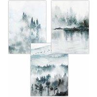ARTZE Set of 3 Teal Blue Abstract Forest Lake Art Posters | Size: W50 cm x H70 cm