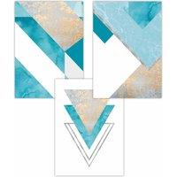 ARTZE Set of 3 Aqua Blue Abstract Mid Century Geometric Art Posters | Size: W50 cm x H70 cm