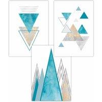 ARTZE Set of 3 Mid Century Aqua Blue Abstract Geometric Art Posters | Size: W50 cm x H70 cm