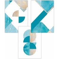 ARTZE Set of 3 Abstract Aqua Blue Mid Century Geometric Art Posters | Size: W50 cm x H70 cm