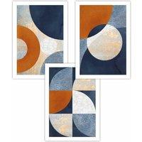 ARTZE Set of 3 Geometric Abstract Textured Circles in Navy Blue Orange Gold Art Posters in Burnt Orange | Size: W59 cm x H84 cm