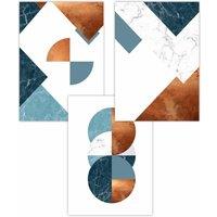 ARTZE Set of 3 Teal Orange Abstract Mid Century Geometric Art Posters | Size: W50 cm x H70 cm