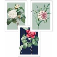 ARTZE Set of 3 Vintage Flowers Camellia Blue & Green Art Posters in Navy | Size: W50 cm x H70 cm