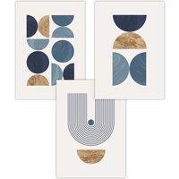 ARTZE Set of 3 Mid Century Geometric in Blue & Gold Art Posters in Navy | Size: W50 cm x H70 cm