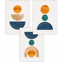 ARTZE Set of 3 Mid Century Graphical Shapes in Navy Blue Orange Art Posters | Size: W50 cm x H70 cm