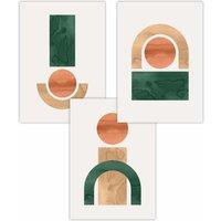 ARTZE Set of 3 Mid Century Graphical Shapes in Green Yellow Orange Art Posters | Size: W59 cm x H84 cm