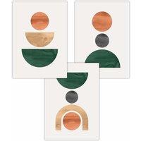 ARTZE Set of 3 Mid Century Graphical Shapes in Green Orange Yellow Art Posters | Size: W59 cm x H84 cm