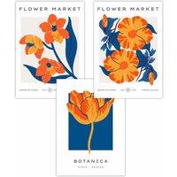 ARTZE Set of 3 Blue & Orange Flower Market Art Posters | Size: W59 cm x H84 cm