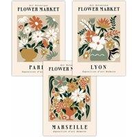 ARTZE Set of 3 Flower Market Paris Exhibition in Neutral Colours Art Posters in Medium Beige | Size: W59 cm x H84 cm