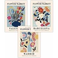 ARTZE Set of 3 Flower Market Barcelona Exhibition in Bright Colours Art Posters | Size: W50 cm x H70 cm