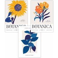 ARTZE Set of 3 Flower Market Sunflower Yellow Blue Art Posters in Bright Yellow | Size: W59 cm x H84 cm