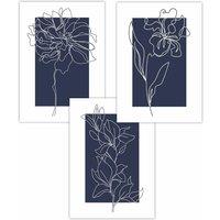 ARTZE Set of 3 Line Art Sketch Flowers on Navy Blue Art Posters | Size: W50 cm x H70 cm