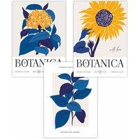 ARTZE Set of 3 Bright Blue Flower Market & Yellow Sunflower Art Posters | Size: W59 cm x H84 cm