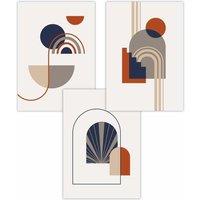ARTZE Set of 3 Mid Century Terracotta, Beige & Navy Blue Arches Art Posters in Terracotta | Size: W50 cm x H70 cm