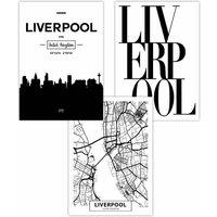 ARTZE Set of 3 LIVERPOOL Skyline Street Map City Prints Art Posters in Black | Size: W50 cm x H70 cm