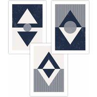 ARTZE Set of 3 Mid Century Geometric Navy Blue Diamonds Art Posters | Size: W59 cm x H84 cm