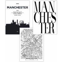 ARTZE Set of 3 MANCHESTER Skyline Street Map City Prints Art Posters in Black | Size: W50 cm x H70 cm