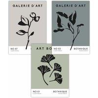ARTZE Set of 3 Minimalist Sketch Leaves Flowers Grey Blue Green Art Posters | Size: W59 cm x H84 cm