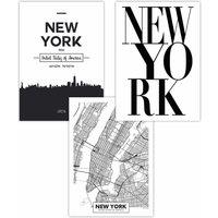 ARTZE Set of 3 NEW YORK Skyline Street Map City Prints Art Posters in Black | Size: W50 cm x H70 cm