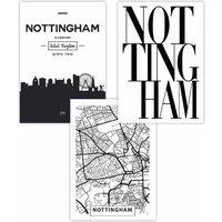 ARTZE Set of 3 NOTTINGHAM Skyline Street Map City Prints Art Posters in Black | Size: W50 cm x H70 cm