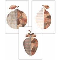 ARTZE Set of 3 Geometric Fruit in Wood Grain Effect Art Posters in Walnut | Size: W59 cm x H84 cm