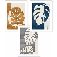 ARTZE Set of 3 Mid Century Monstera in Orange & Blue Art Posters in Navy | Size: W59 cm x H84 cm