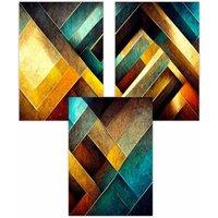 ARTZE Set of 3 Abstract Multi Yellow Blue Distressed Mosaic Art Posters | Size: W59 cm x H84 cm